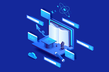 Wall Mural - Online education or studying in internet concept. Digital Vector illustration blue background. Online reading or courses. Digital Classroom Online Education.