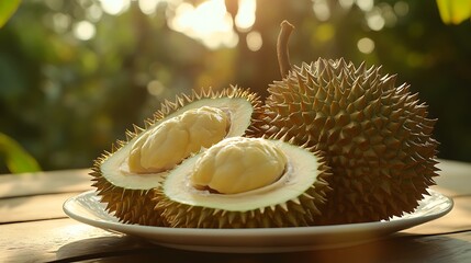 Two whole durian fruits and two slices of durian on a white plate on a wooden table with a blurred green background.