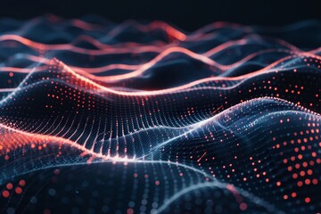 Poster - Glowing particles float in a wave-like formation against a dark background, creating an immersive experience that highlights depth and innovative digital design.