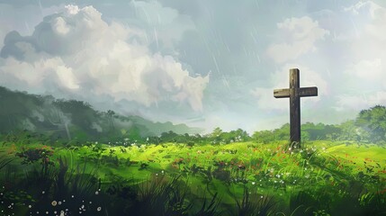 Wall Mural - wooden cross in a lush green meadow peaceful nature landscape copy space digital painting