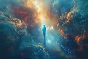 Wall Mural - A man is walking through a sky filled with clouds and fire