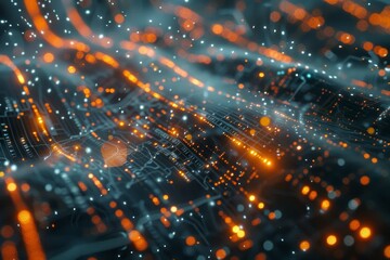 Poster - A captivating display of digital patterns illustrates the flow of data, highlighted by vibrant orange and white lights in an abstract design at night.