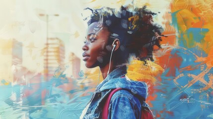 young african american woman in casual attire listening to music on earphones while walking alone in downtown city digital painting