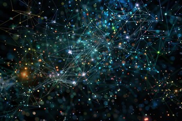 Poster - A vibrant display of interconnected particles and luminous dots creates an abstract cosmic landscape filled with colors and light, evoking a sense of vastness.