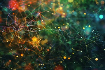 Fototapete - A dynamic array of glowing connections forms a visually striking pattern, with colorful dots and lines intertwining, creating a mesmerizing effect in a dark environment.