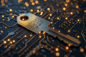 Poster - A golden key is prominently displayed on a dark circuit board featuring glowing elements. The juxtaposition symbolizes the connection between physical security and digital technology.