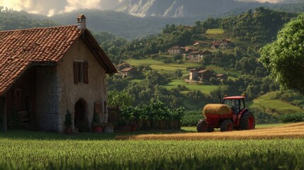 A red tractor pulls a hay bale across golden fields beside a rustic farmhouse surrounded by lush greenery and distant hills during a bright afternoon