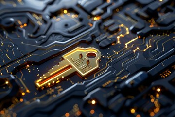 Poster - This visual showcases a golden key placed atop a black circuit board, surrounded by glowing lights that highlight the complex design and technology representation.