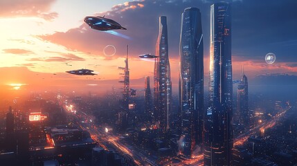 a futuristic city with tall skyscrapers and flying vehicles at sunset.