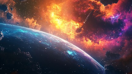 Wall Mural - A vibrant and colorful view of a planet in space with a fiery nebula in the background.