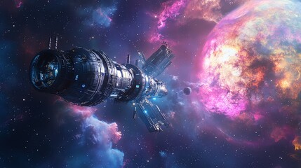 Wall Mural - A futuristic spaceship flies past a colorful nebula and planet.