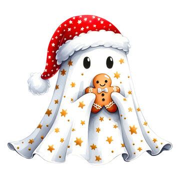 Little ghost in a Christmas hat and gingerbread