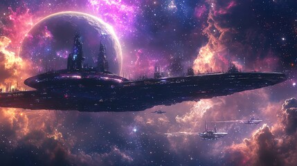 Wall Mural - A futuristic spaceship floats in a galaxy of colorful nebulae, past a planet.