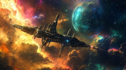 Wall Mural - Futuristic spaceship flying through colorful nebula clouds and past a distant planet.