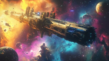Wall Mural - Futuristic spaceship flying through a colorful nebula in space.