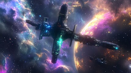 Wall Mural - A futuristic spaceship travels through a cosmic nebula, a vibrant backdrop of stars and swirling gas.