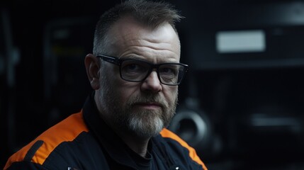 A mechanic with a beard and glasses is intently engaged in his work in a dimly lit garage, showcasing his dedication to his craft during a quiet evening