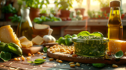 Wall Mural - Fresh basil pesto ingredients arranged beautifully in a sunlit kitchen setting