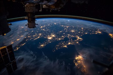 Poster - Glowing city lights and natural features illuminate the Earthâ€™s surface at night, captured from the vantage point of the International Space Station.