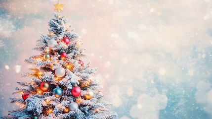 A beautifully decorated Christmas tree with twinkling lights and colorful ornaments, set against a soft pastel background