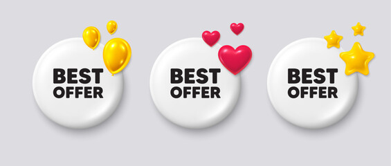 Wall Mural - White buttons with 3d icons. Best offer tag. Special price Sale sign. Advertising Discounts symbol. Best offer button message. Banner badge with balloons, stars, heart. Social media icons. Vector