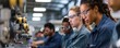 © Daniela - A diverse group of workers wearing safety goggles and uniforms, focusing intently while working on a manufacturing assembly line in an industrial setting