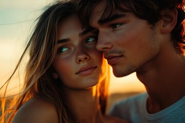 A close-up portrait of a couple embracing during sunset.