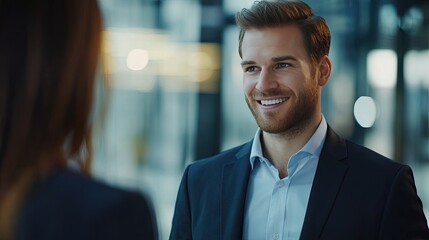 Wall Mural - A professional male employee in a suit talking to a customer with a genuine smile, showcasing positive client interaction in a corporate atmosphere.