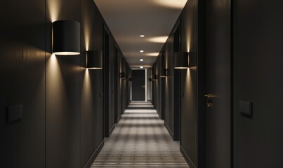 a serene hotel corridor featuring elegant, modern wall lights casting soft illumination on dark wall
