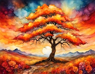 Wall Mural - Beautiful sun rising autumn landscape with a tree and flowers. Created with Generative AI technology.