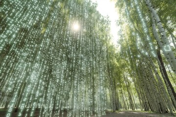 Poster - enchanted binary forest: a luminous fusion of nature and digital realms
