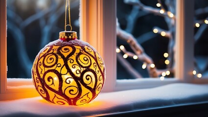 Canvas Print - Festive Christmas ornament by snowy window