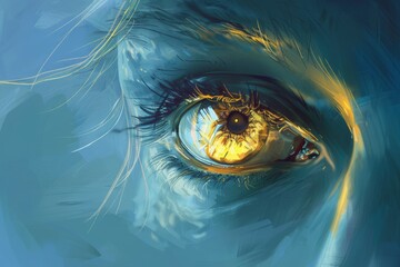 Poster - a striking close-up showcases an eye with intricate detail, featuring golden and amber tones that re