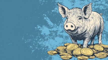 Wall Mural - A cartoon piggy bank stands on a pile of gold coins, with a blue background.