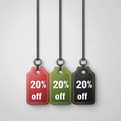 Discount tags showcasing 20 percent off in red, green, and black against a neutral background