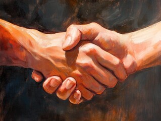 Artistic handshake painting capturing unity and agreement in a vibrant oil canvas