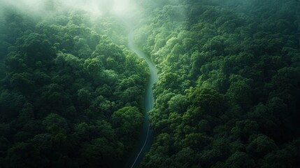 Aerial View of a Winding Road Through Lush Green Forest