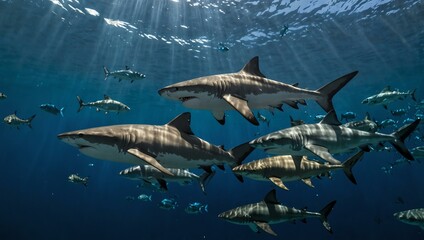 Sharks swimming in blue water with fish.