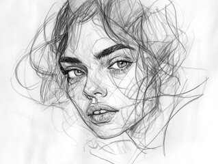 Expressive pencil sketch of woman with intense gaze and flowing hair