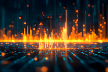 Poster - Dynamic digital sound wave represented by vibrant orange and blue lines on a dark background, illustrating audio technology and visualization.