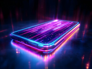 Poster - A futuristic smartphone emits glowing neon lights, showcasing energy and innovation in a vibrant digital landscape.