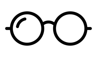 Simple vector icon of round glasses representing vision, reading, and knowledge. Suitable for educational or eyewear themes. Editable stroke.