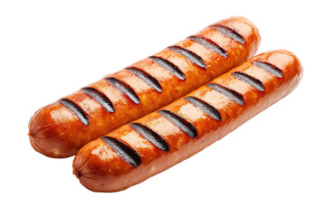 Grilled sausage with char marks isolated on a white background.  PNG transparent.