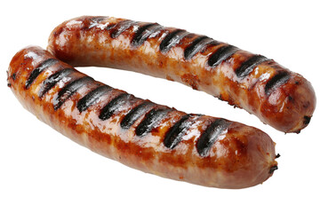 Grilled sausage with char marks isolated on a white background.  PNG transparent.