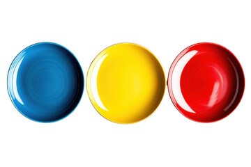 Three ceramic plates in blue, red, and yellow isolated on a white background.  PNG transparent.