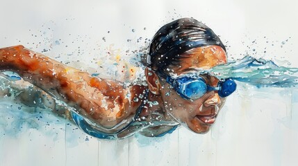 Abstract watercolor painting of a swimmer woman