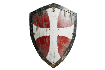 Medieval shield with red and white cross isolated on a white background.  PNG transparent.