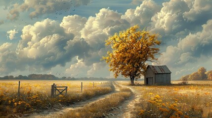 Poster - Golden Hour Landscape with a Rustic Barn and a Path Leading Through a Field