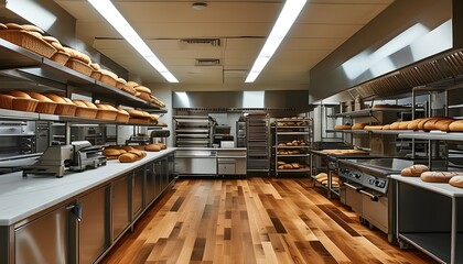 Wall Mural - Modern commercial bakery kitchen with fresh resin vinyl flooring, stainless steel cabinets, and fully stocked shelves of professional baking equipment and machines