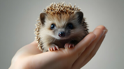 A small hedgehog resting gently in a person's hand, showcasing its adorable features and unique spiny coat.